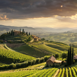 ** A panoramic view of Middle-earth inspired by J.R.R. Tolkien, focusing on the Shire-like landscapes of Tuscany. Rolling green hills, vineyards instead of hobbit holes, and a medieval Italian village in the distance instead of Hobbiton. The overall tone should be idyllic and peaceful, like a postcard from the Tuscan countryside, but with a subtle magical element.

**
