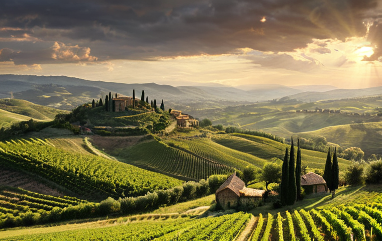 ** A panoramic view of Middle-earth inspired by J.R.R. Tolkien, focusing on the Shire-like landscapes of Tuscany. Rolling green hills, vineyards instead of hobbit holes, and a medieval Italian village in the distance instead of Hobbiton. The overall tone should be idyllic and peaceful, like a postcard from the Tuscan countryside, but with a subtle magical element.
**
