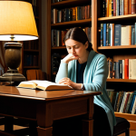 A serene woman in modest, comfortable attire is seated in a cozy, well-lit home library, deeply engrossed in a book. Her expression shows a moment of profound realization, a soft "eureka" as if a particular phrase has suddenly brought clarity and introspection. The background features warm bookshelves filled with diverse titles and a subtle glow from a reading lamp, emphasizing a contemplative and enlightening atmosphere. The scene is captured with professional photography, ensuring perfect anatomy, correct proportions, natural body proportions, and well-formed hands. This image is safe for work, appropriate content, fully clothed, and family-friendly.