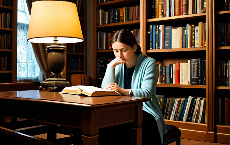 A serene woman in modest, comfortable attire is seated in a cozy, well-lit home library, deeply engrossed in a book. Her expression shows a moment of profound realization, a soft "eureka" as if a particular phrase has suddenly brought clarity and introspection. The background features warm bookshelves filled with diverse titles and a subtle glow from a reading lamp, emphasizing a contemplative and enlightening atmosphere. The scene is captured with professional photography, ensuring perfect anatomy, correct proportions, natural body proportions, and well-formed hands. This image is safe for work, appropriate content, fully clothed, and family-friendly.